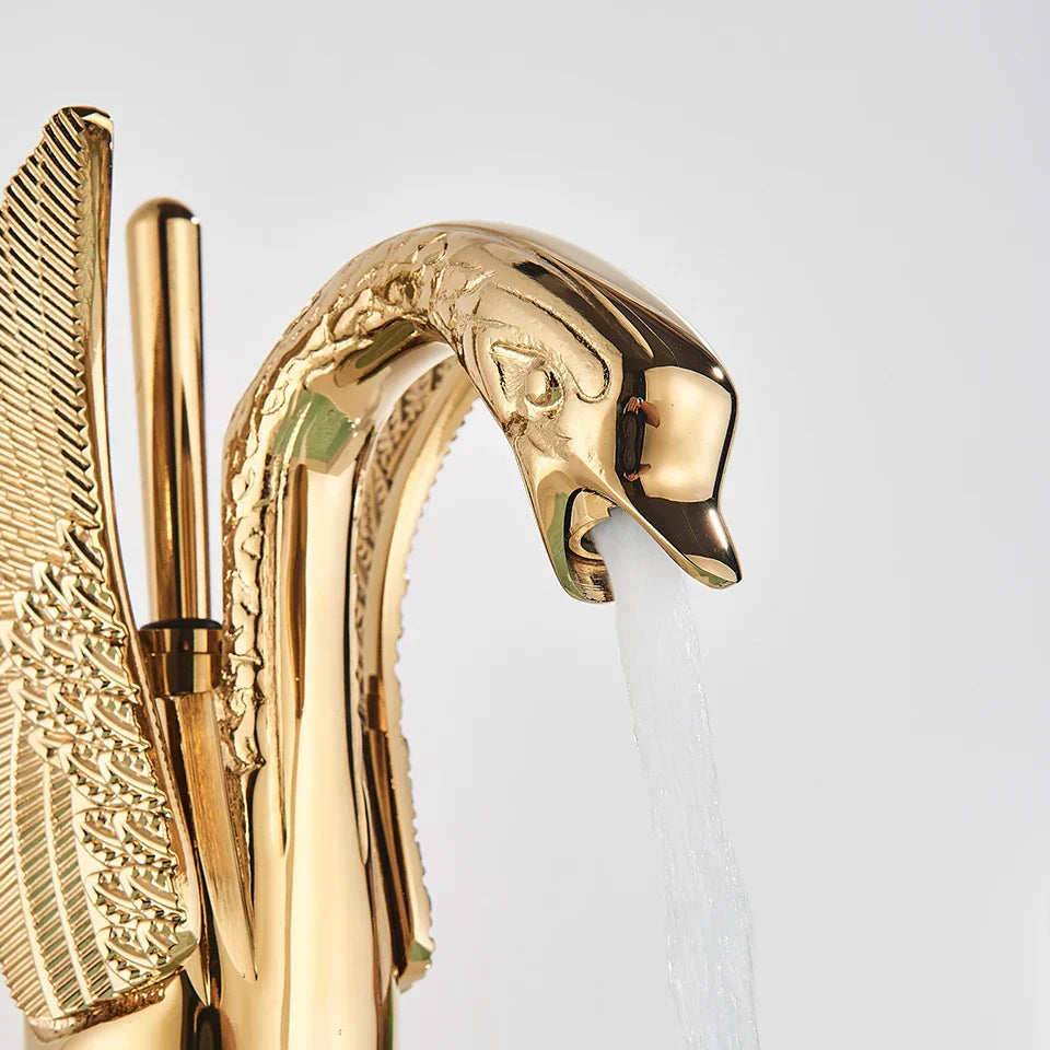 DecorBites™ Brass Golden Swan Faucet for Bath Basin, Cold & Hot Water Mixer Tap