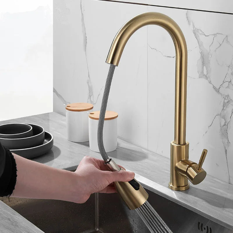 DecorBites™ Brushed Gold Kitchen Faucet Single Handle Pull Out Swivel Mixer Tap