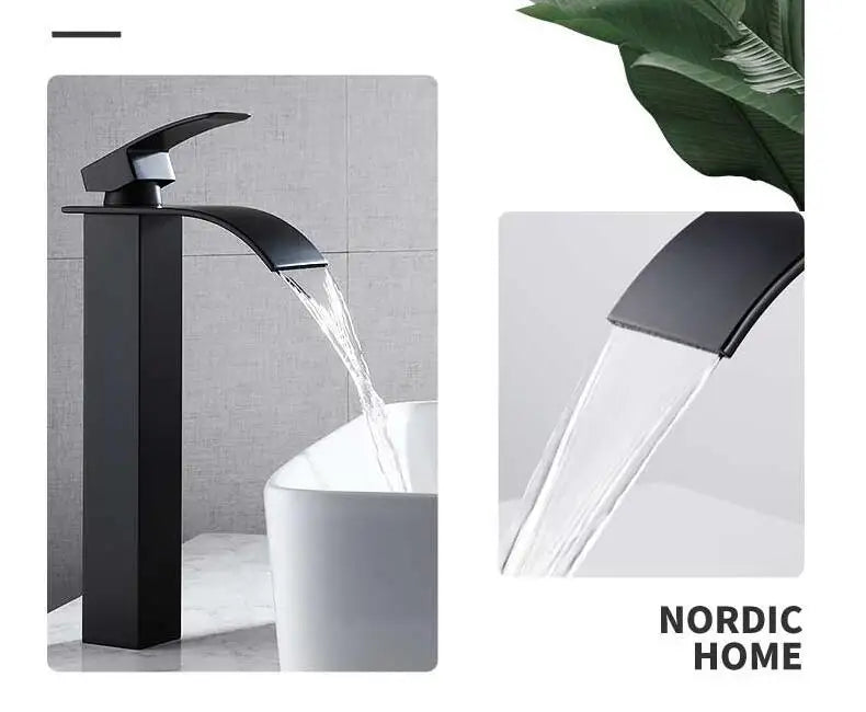 DecorBites™ Gold Black Waterfall Basin Faucet Mixer Tap Hot Cold Sink Brass Bathroom