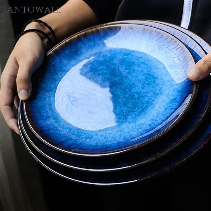 DecorBites™ Blue Ceramic Round Plate - Commercial Steak Dish Wholesale
