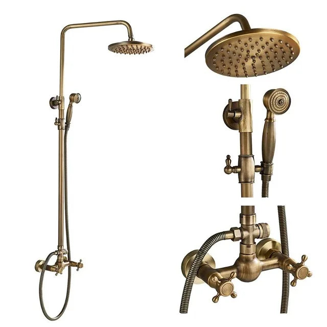 DecorBites™ Antique Brass Shower Faucet Set with 8'' Rainfall Head & Swivel Spray