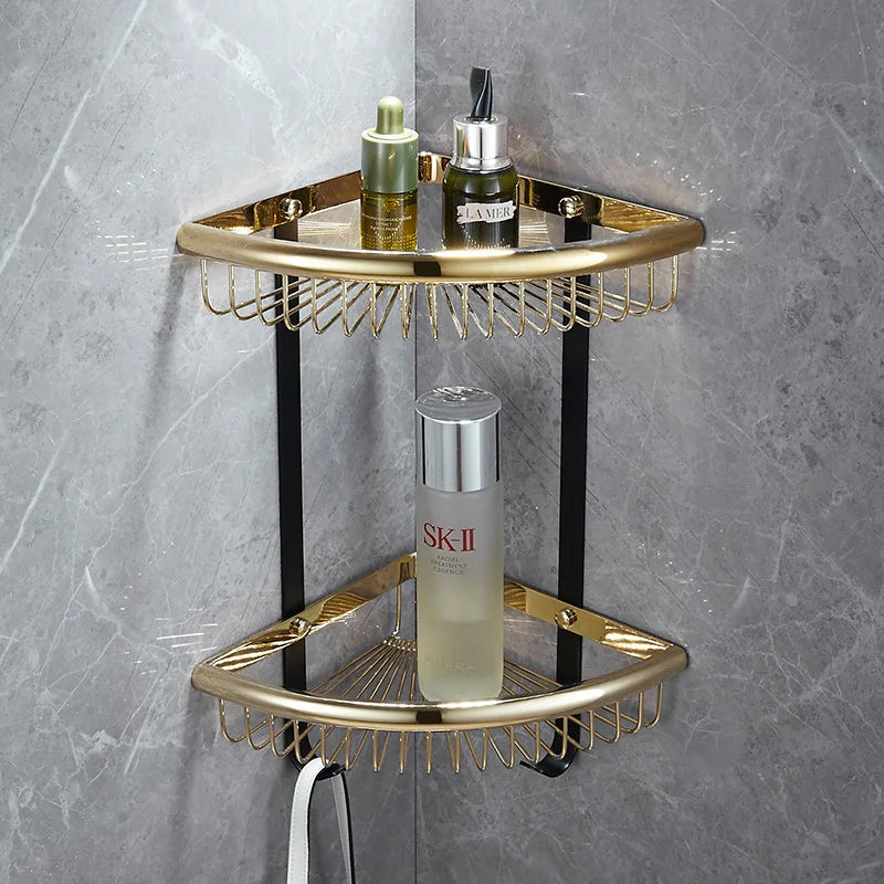 DecorBites™ Gold & Black Bathroom Set - Shelf, Towel Rack, Holder, Brush Holder & More