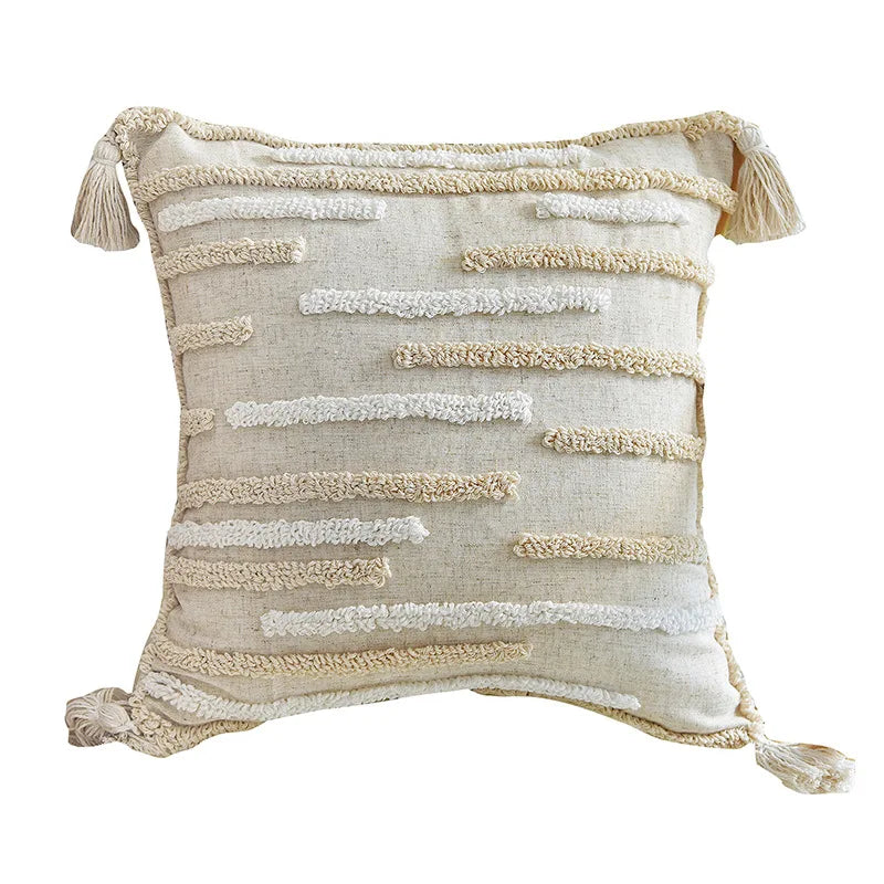 DecorBites™ Boho Style Tufted Tassles Cotton Linen Cushion Cover for Home Sofa Bed