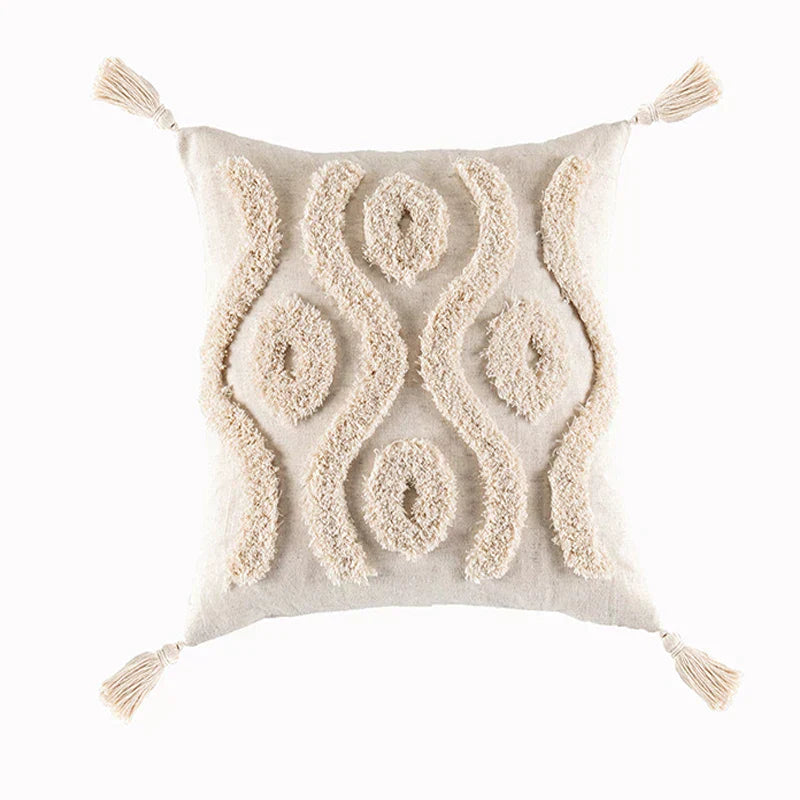 DecorBites™ Beige Tassels Cushion Cover, Handmade Square Home Decoration for Living Room