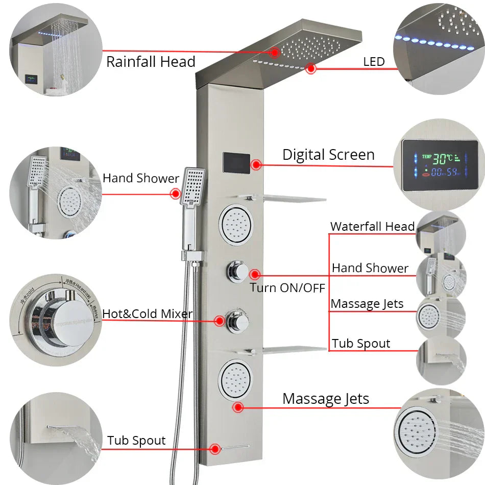 DecorBites™ LED Brushed Nickel Shower Panel Set with Temperature Screen