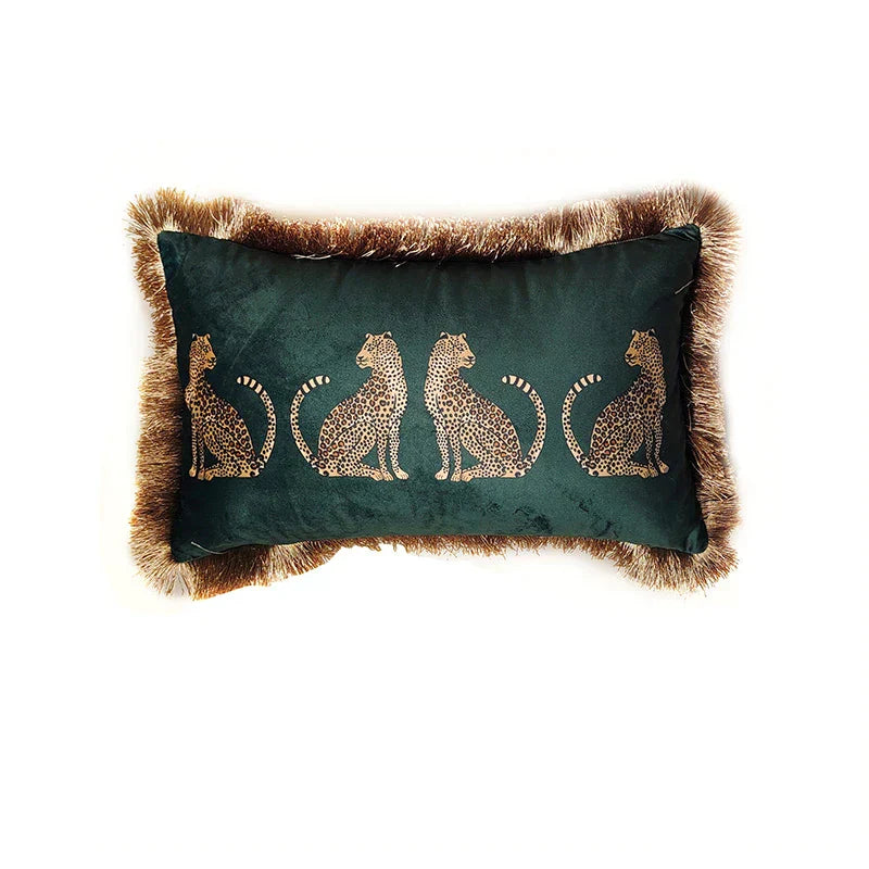 DecorBites™ Leopard Cheetah Print Fringed Cushion Cover in Dark Green, Burgundy, Black