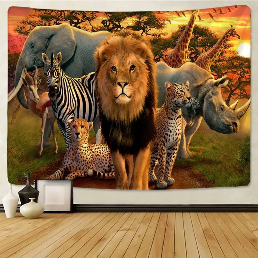 DecorBites™ Lion Tapestry African Grassland Animals Cartoon Wall Hanging Blanket