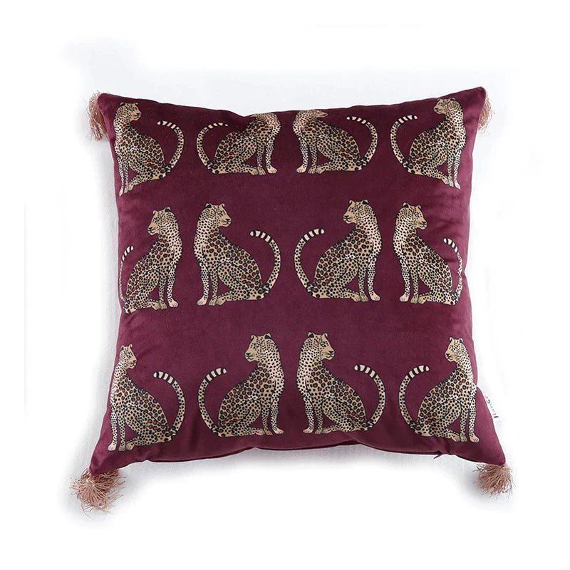 DecorBites™ Leopard Cheetah Print Fringed Cushion Cover in Dark Green, Burgundy, Black