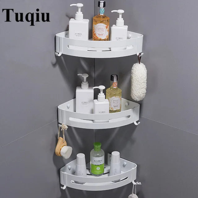 DecorBites™ Brushed Gold Aluminum Bathroom Corner Shelf Wall Mounted Shower Shampoo Holder