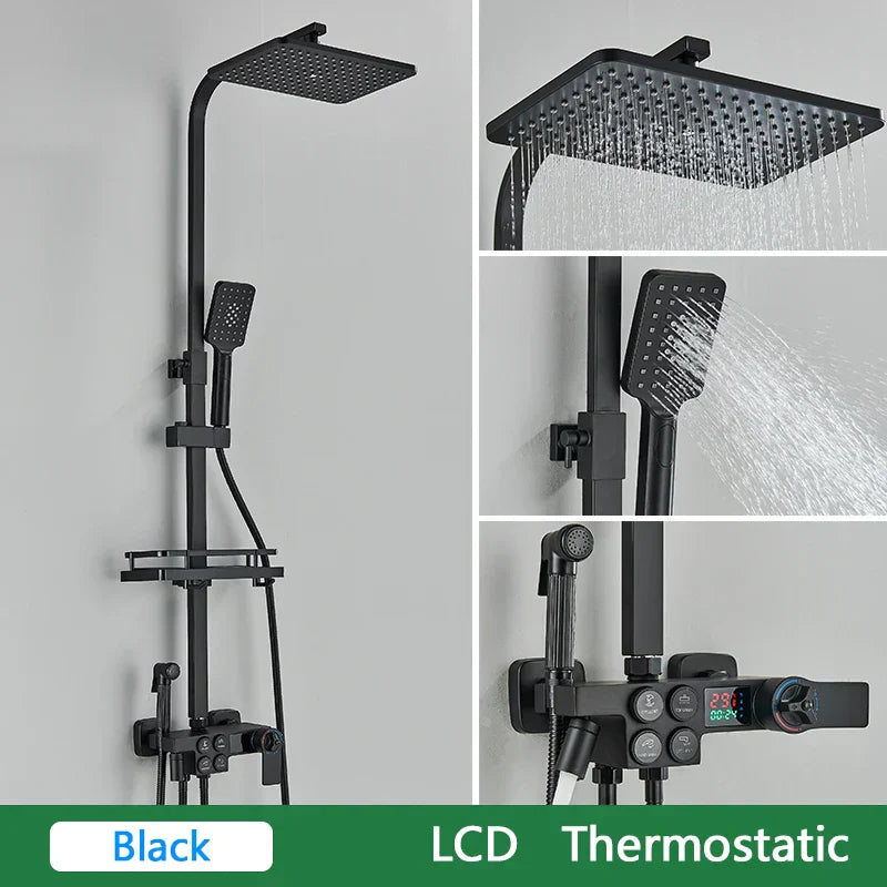 DecorBites™ Brass LCD Thermostatic Mixer Shower Set with Bidet and Tub Spout
