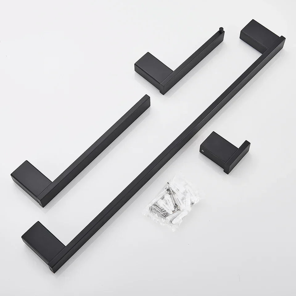 DecorBites™ Black Bathroom Hardware Set: Robe Hook, Towel Rail, Rack, Shelf, Tissue Holder & More