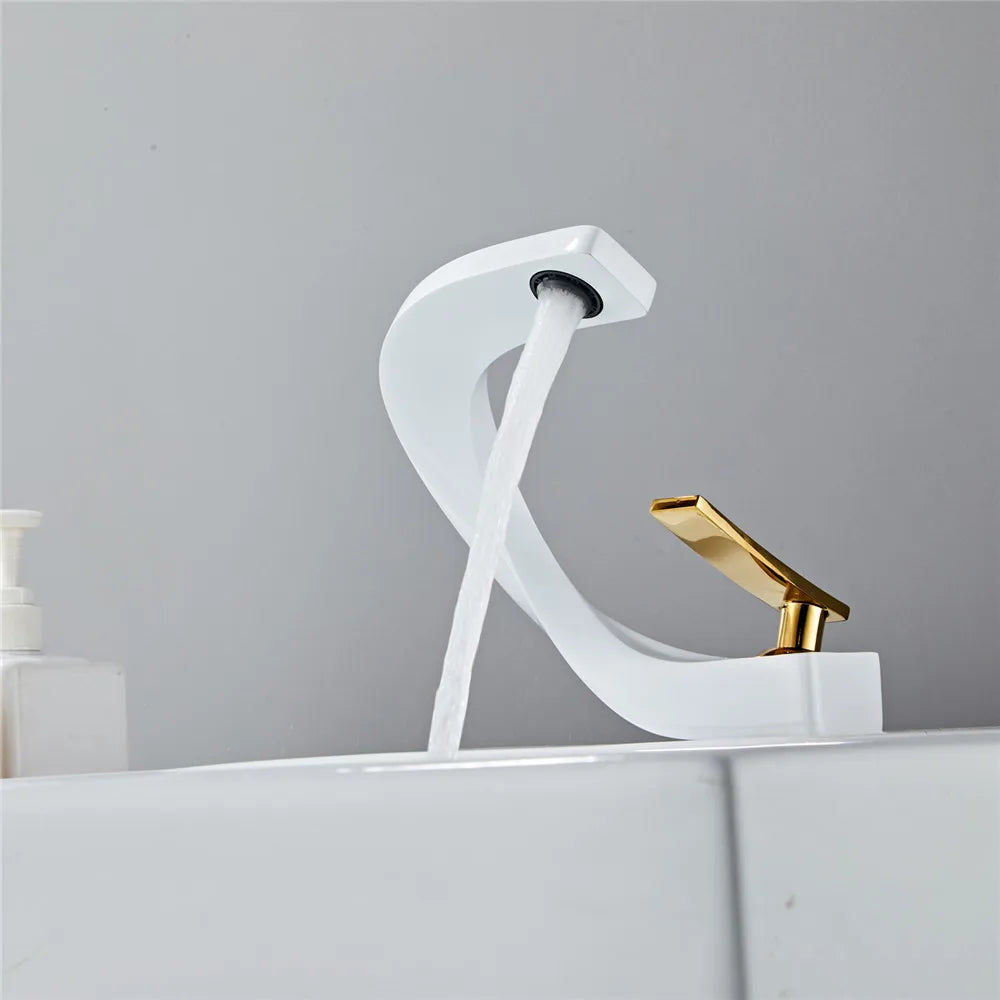DecorBites™ Gold & White Bathroom Basin Faucet Deck Mounted Sink Tap, Brass with Rose Gold Accent