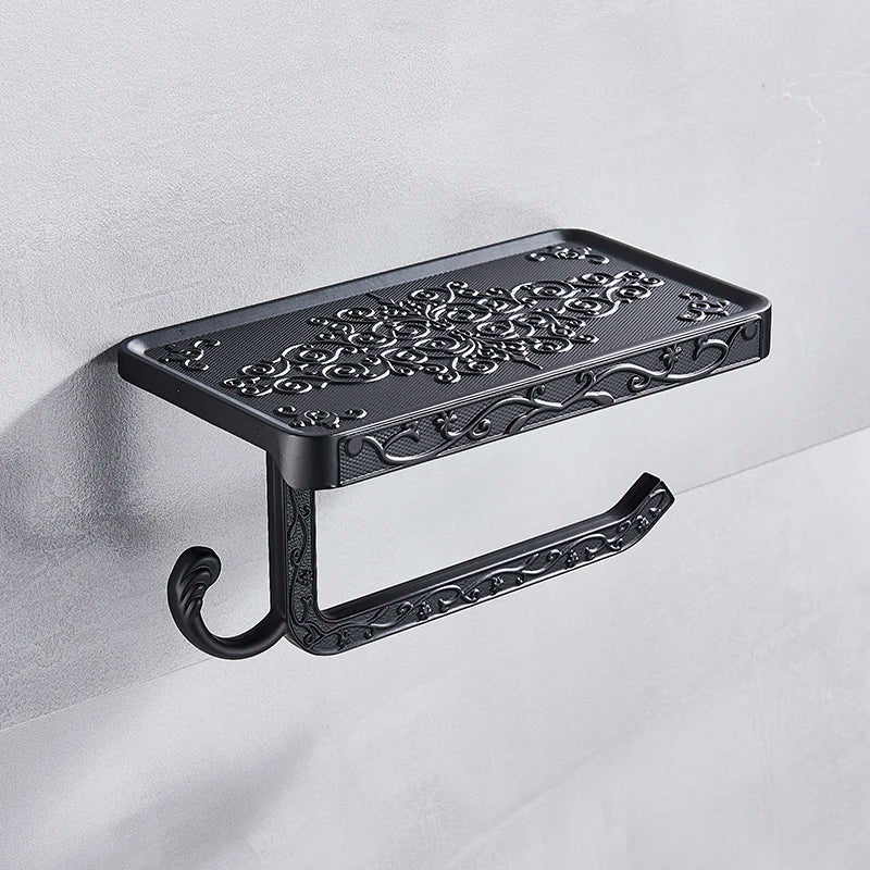 DecorBites™ Black Toilet Paper Holder with Phone Rack: Wall-Mounted Aluminum Bathroom Storage
