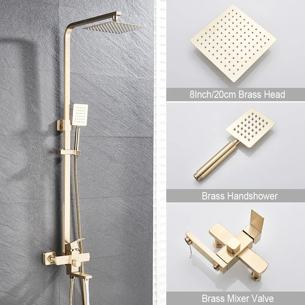 DecorBites™ Brushed Gold Shower Mixer with Rotating Tub Spout and 8" Rainfall Head
