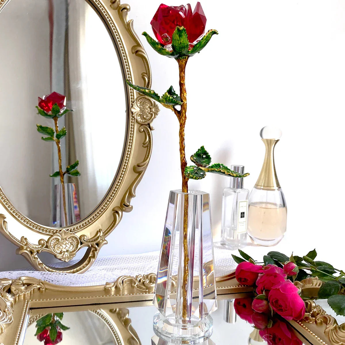 DecorBites™ Crystal Rose Figurine: Elegant Glass Rose Ornament for Home Decor, Gifts
