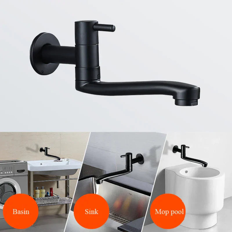 DecorBites™ Black Stainless Steel Swivel Kitchen Faucet 360 Degree Rotation Wall Mounted