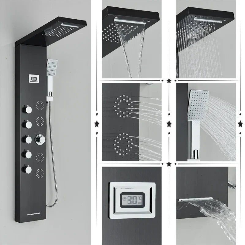 DecorBites™ Black Rainfall Shower Panel Set with Massage System and Temperature Screen
