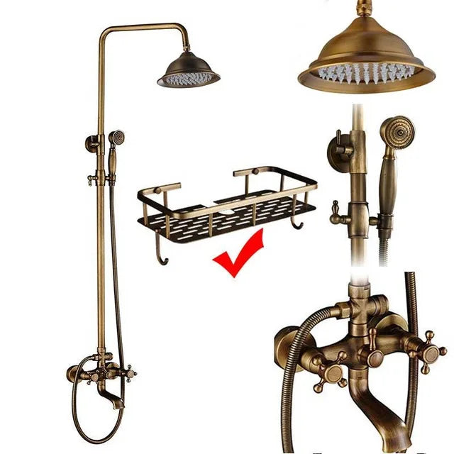 DecorBites™ Antique Brass Shower Faucet Set with 8'' Rainfall Head & Swivel Spray