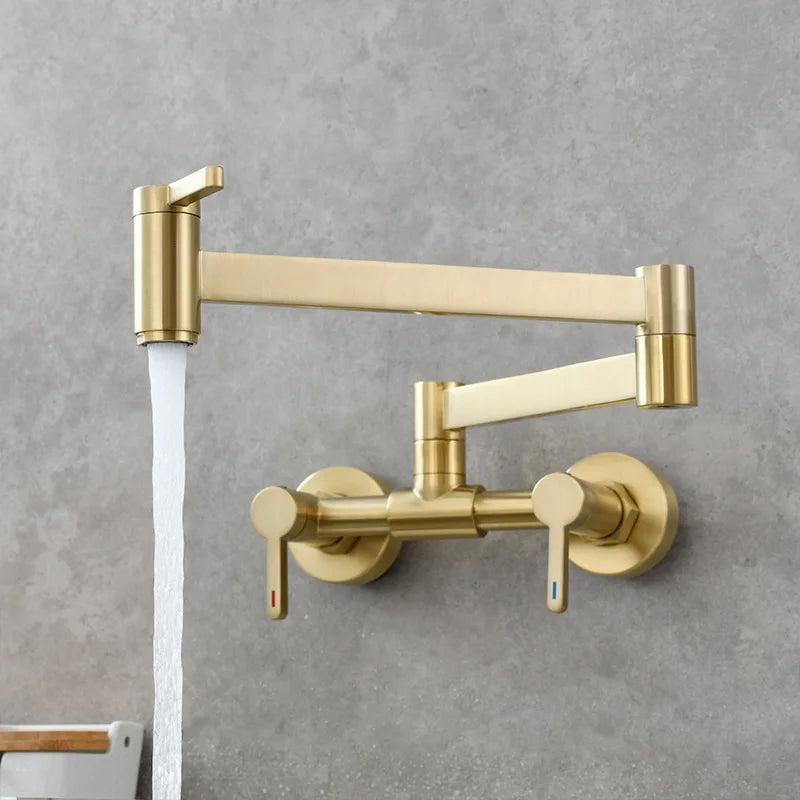 DecorBites™ Brushed Gold Brass Wall-Mounted Kitchen Faucet with Foldable Spout