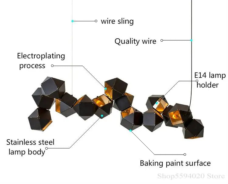 DecorBites™ Black Metal DNA Chandelier: Nordic, Modern, Creative Island Light for Bar and Restaurant.