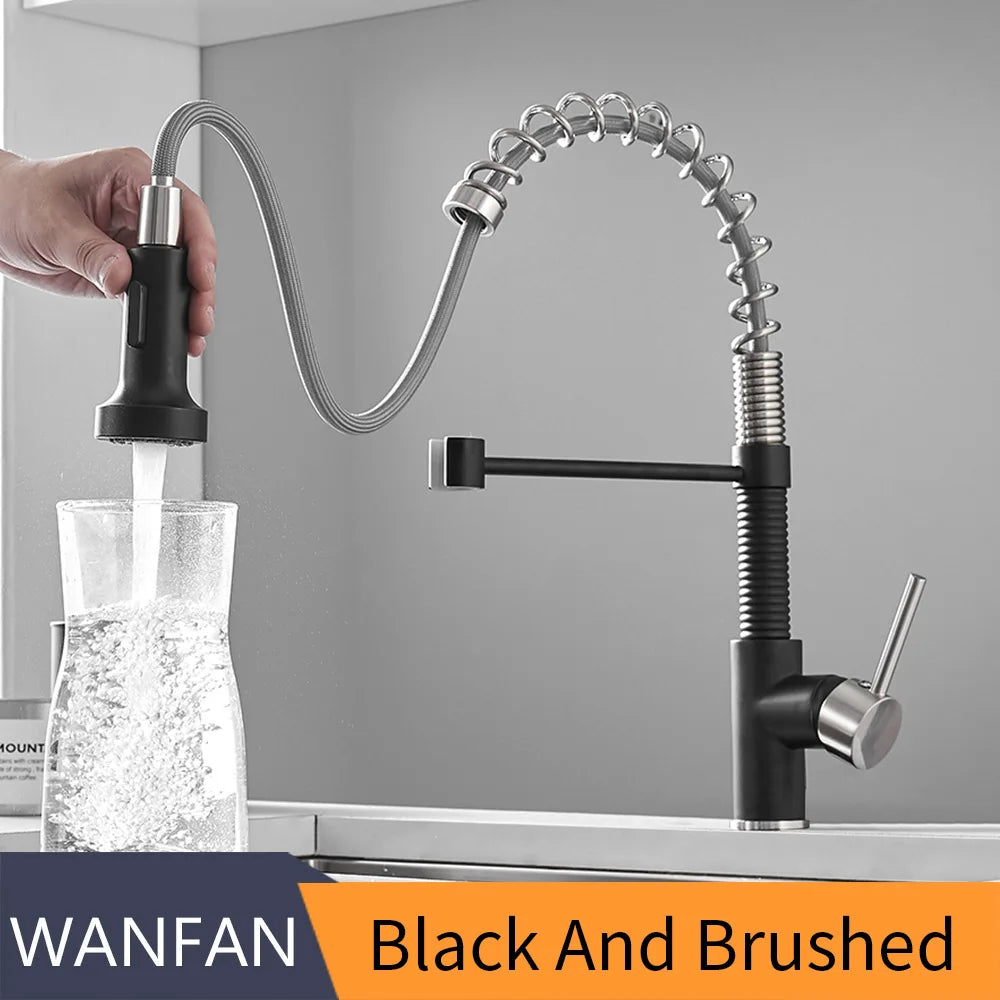 DecorBites™ Brush Brass Kitchen Faucet Single Lever Pull Out Spring Spout Mixer Tap