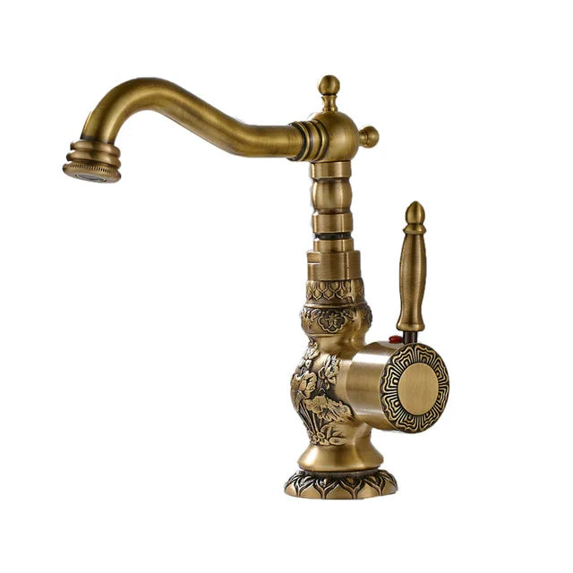DecorBites™ Antique Brass Basin Faucet Long Spout Flower Carved Sink Tap 360 Rotation