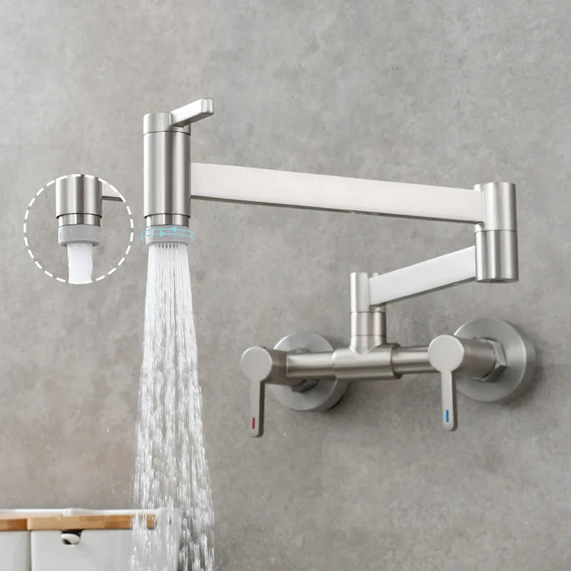DecorBites™ Brushed Gold Brass Wall-Mounted Kitchen Faucet with Foldable Spout