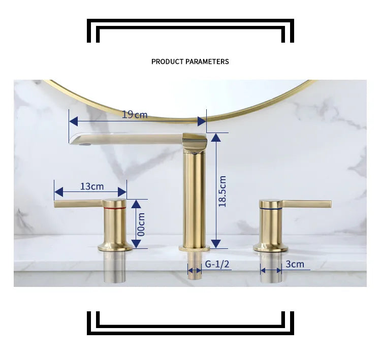 DecorBites™ Brushed Gold Brass Widespread Bathroom Faucet 2 Handle Basin Tap