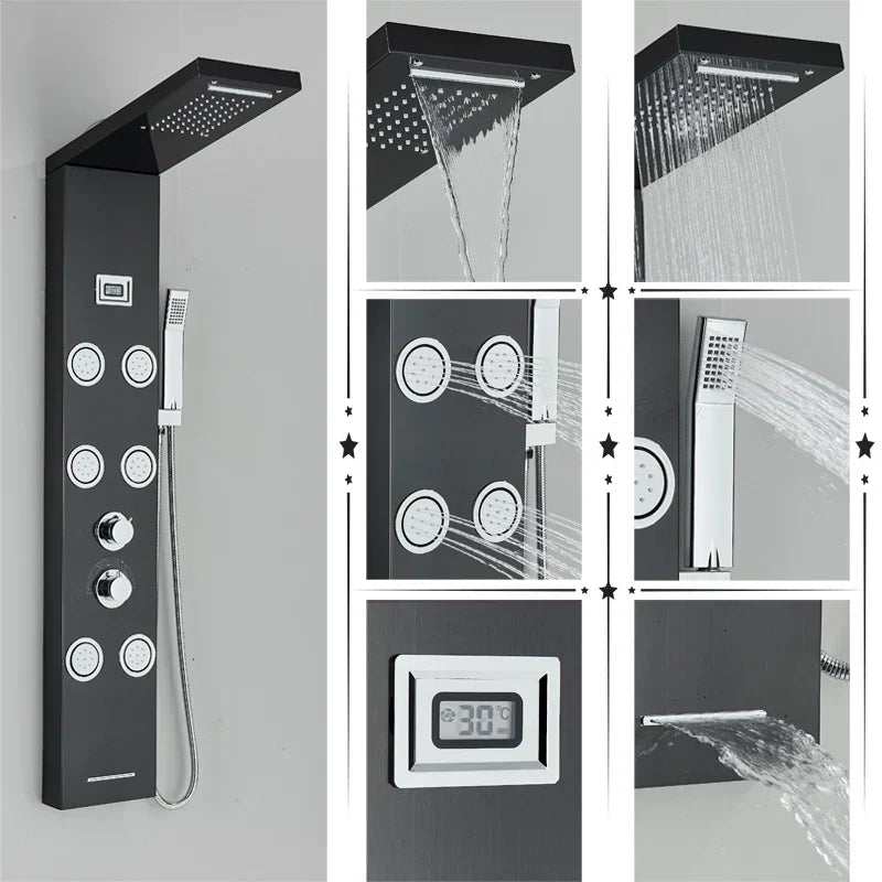 DecorBites™ Black Rainfall Shower Panel Set with Massage System and Temperature Screen