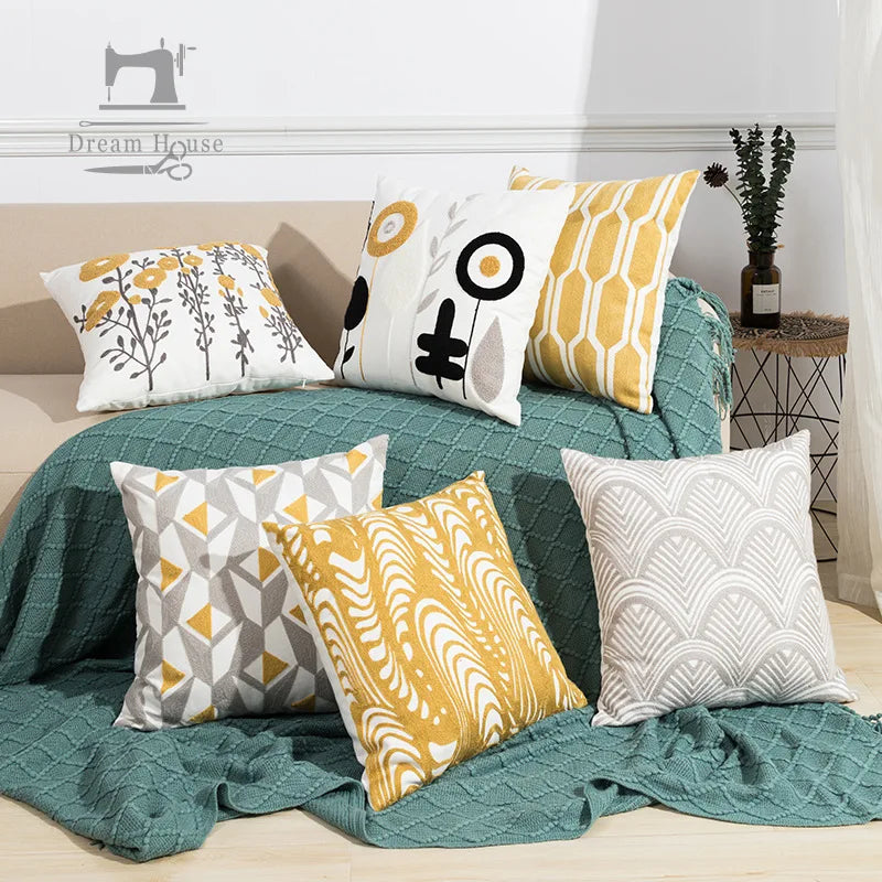DecorBites™ Embroidered Daisy Floral Fish Pillow Cover 45x45cm/30x50cm Yellow Blue