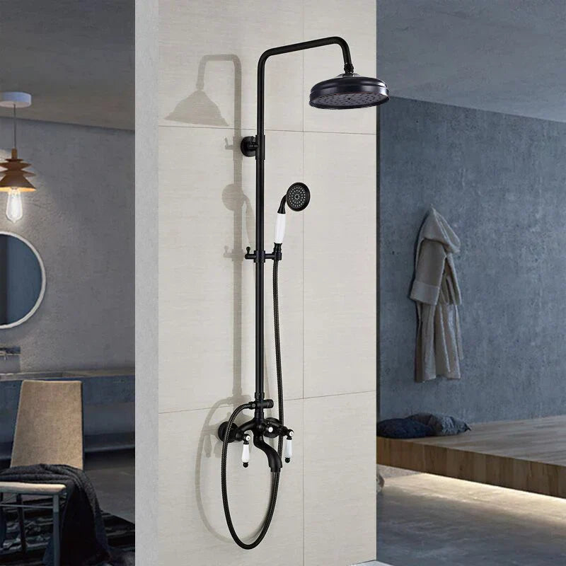 DecorBites™ Black Bronze Bathroom Shower Faucet Set with Dual Ceramic Handles & 8" Rainfall Column