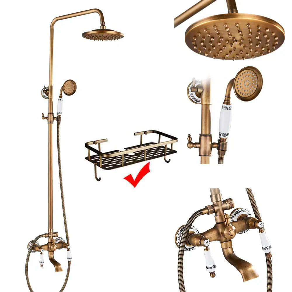 DecorBites™ Brass Shower Faucet Mixer Set with 8" Rainfall Head, Storage Shelf, and Hooks