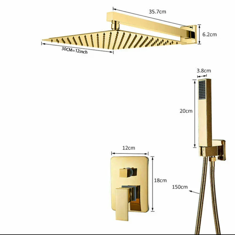 DecorBites™ Golden Bathroom Shower Set with Square Rainfall Head and Concealed Mixer Taps