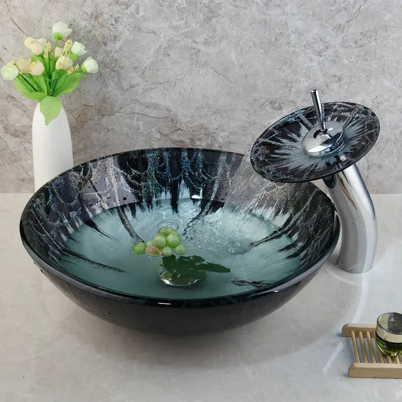 DecorBites™ Black Round Basin Tap Set Mixer Faucet Washbasin Tempered Glass Chrome