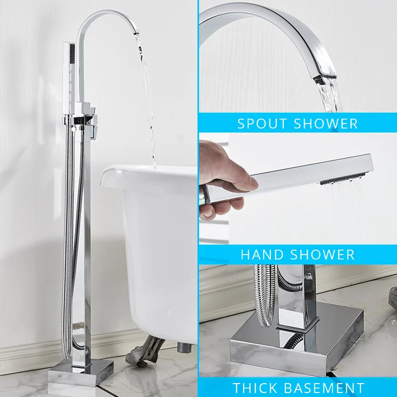 DecorBites™ Gold Bathtub Faucet Set Hot Cold Water Shower Mixer Tap Waterfall Floor Stand
