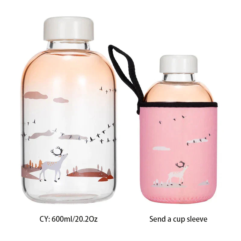 DecorBites™ Animal Glass Water Bottle with Sleeve | Cute Kawaii Design for Outdoor Activities
