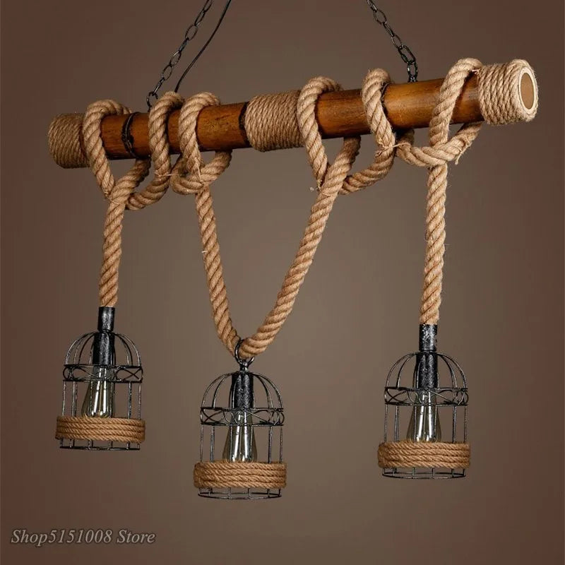 DecorBites™ Bamboo Hemp Rope Pendant Light - Hand Knitted Iron Cage Luminaria