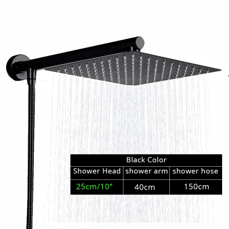DecorBites™ Black Ultrathin Rainfall Shower Head with Arm Bracket, Hose & Faucet Set