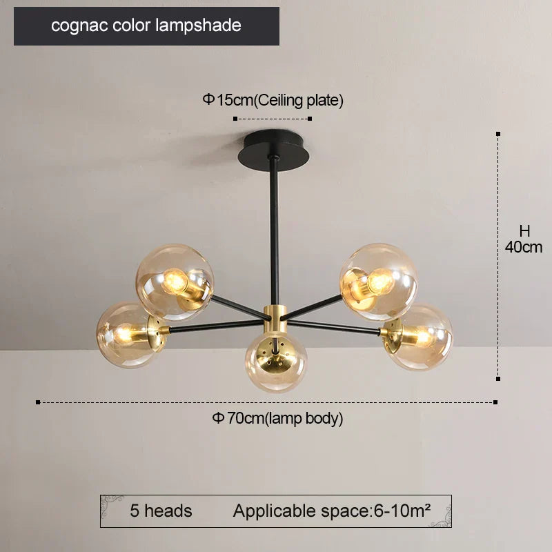 DecorBites™ Glass Ball LED Chandelier: Retro Round Wrought Iron Indoor Lighting for Kitchen, Living Room, Farmhouse