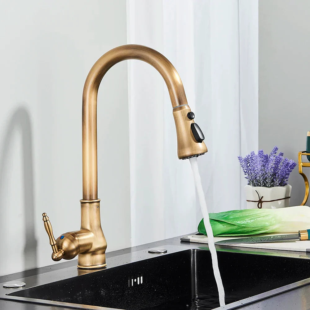 DecorBites™ Antique Brass Kitchen Faucet with Pull Down Spout and Single Handle