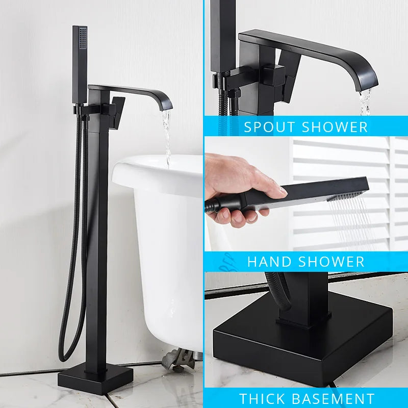 DecorBites™ Black Floor Mounted Bathtub Faucet Set with Waterfall Mixer Tap