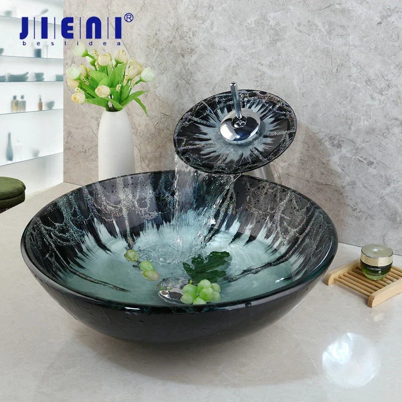 DecorBites™ Black Round Basin Tap Set Mixer Faucet Washbasin Tempered Glass Chrome