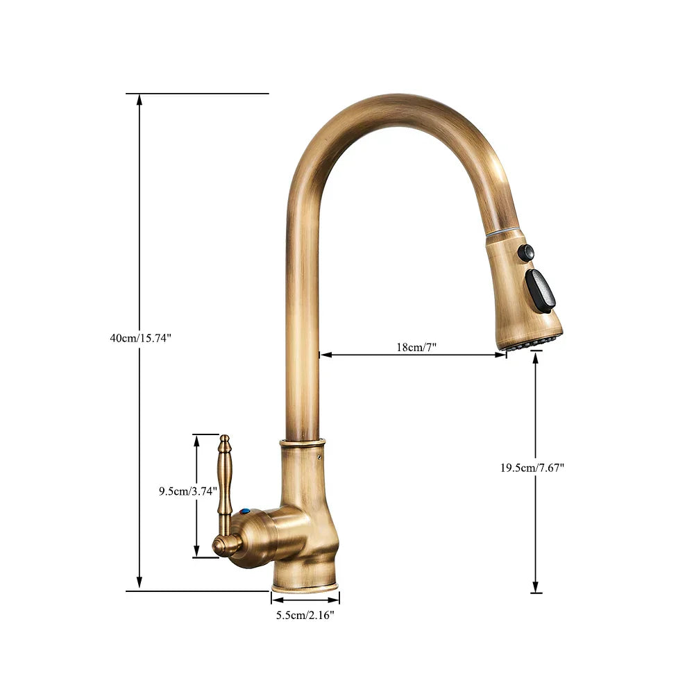 DecorBites™ Antique Brass Kitchen Faucet with Pull Down Spout and Single Handle