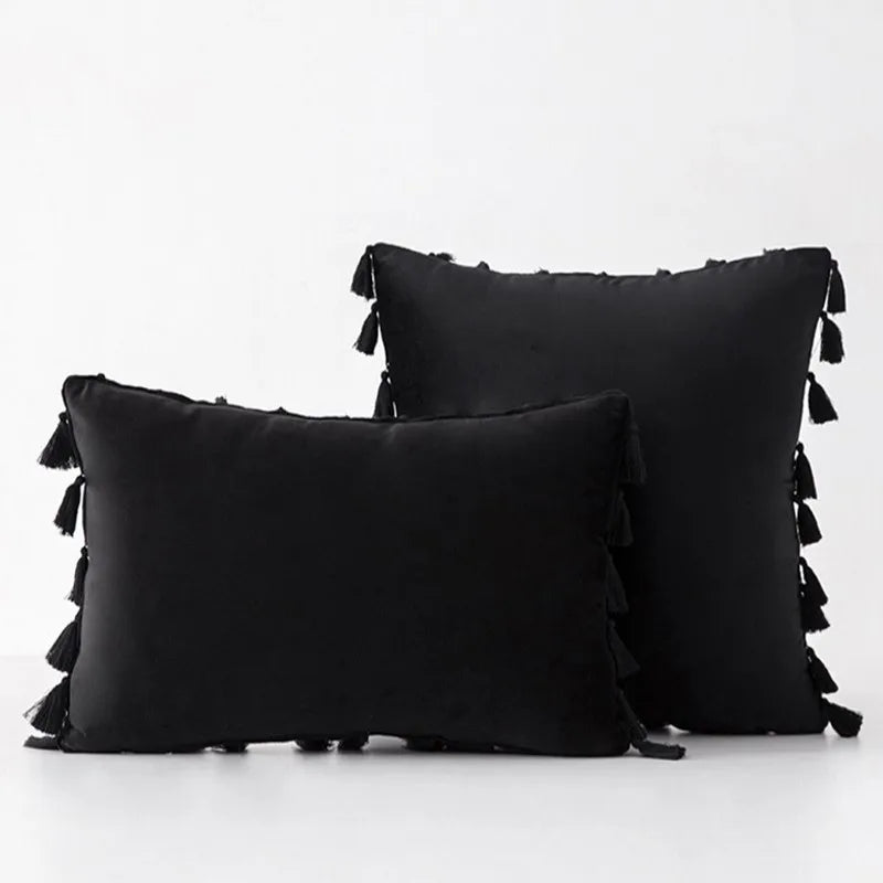DecorBites™ Black Velvet Tassel Fringe Throw Pillow Cover for Bed Sofa Couch