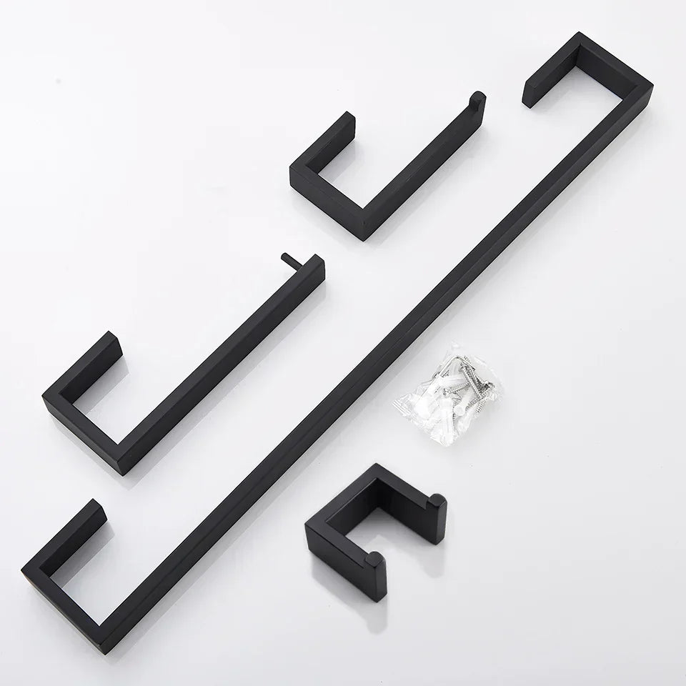 DecorBites™ Black Bathroom Hardware Set: Robe Hook, Towel Bar, Shelf, Tissue Holder, Toothbrush Organizer