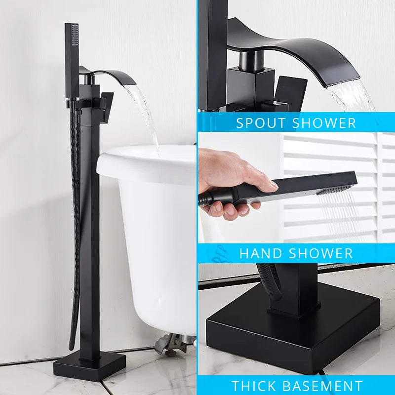 DecorBites™ Gold Bathtub Faucet Set Hot Cold Water Shower Mixer Tap Waterfall Floor Stand