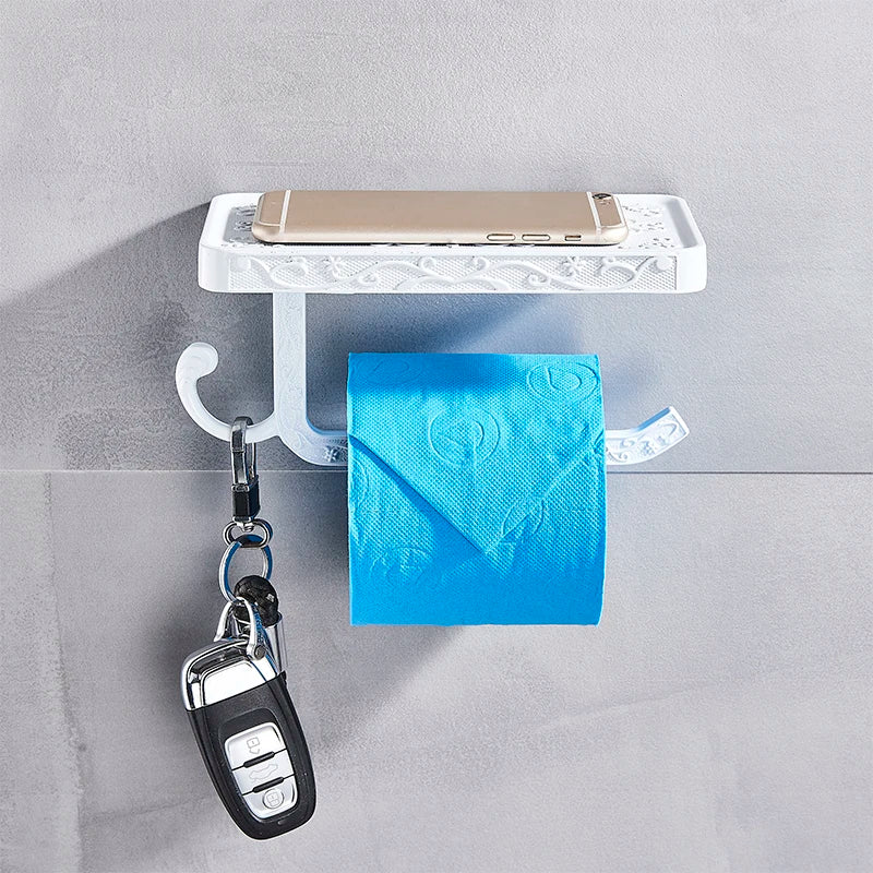 DecorBites™ Black Toilet Paper Holder with Phone Rack: Wall-Mounted Aluminum Bathroom Storage