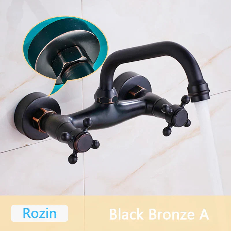 DecorBites™ Antique Brass Basin Faucet Wall Mounted Dual Handles Swivel Spout Mixer Tap