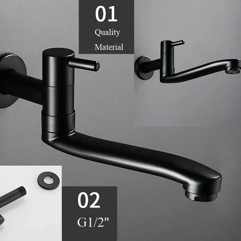 DecorBites™ Black Stainless Steel Swivel Kitchen Faucet 360 Degree Rotation Wall Mounted