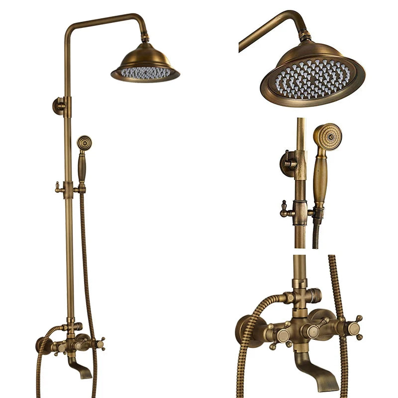DecorBites™ Brass Shower Faucet Mixer Set with 8" Rainfall Head, Storage Shelf, and Hooks